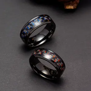 Desain baru perhiasan pria 8mm baja tahan karat cincin baja hitam biru merah garis baja cincin untuk hadiah wanita