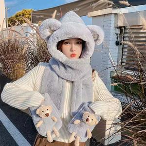 Ensemble trois pièces pour adulte hiver 2025, nouveau, avec bonnet ours, écharpe longue <span class=keywords><strong>et</strong></span> <span class=keywords><strong>gants</strong></span> – Doux, chaud, épais, jacquard, taille ajustable - Product Image 3