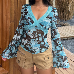 Retro Print Patchwork Lace <b>V</b> <b>Neck</b> Knit Top, Flare Sleeve Long Sleeve <b>Women's</b> <b>T</b> <b>Shirt</b>, Y2K Vintage Casual Fashion - Product Image 5