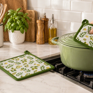 Juego de Portaolvases Cuadrados 100% Algodón, Estampado de Hojas de Limón, Borde Verde, Sostenible, Antiadherente, Moderno, Lavable, Accesorio de Cocina - Product Image 1