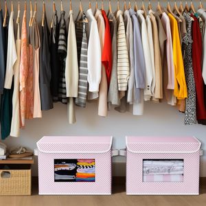 Modern Fabric <b>Foldable</b> Storage <b>Boxes</b> with Lids 4 Pack Dustproof Lightweight Stackable Pink - Product Image 6