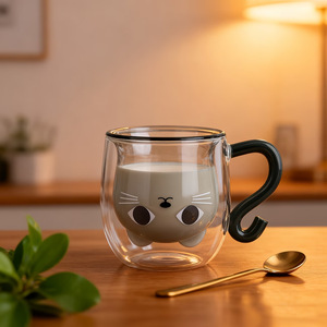Lovely Cat Tail Handle <strong>Double</strong>-Walled High Borosilicate Glass Coffee Mug 250ml Dishwasher Microwave Safe Cartoon Pattern Unisex - Product Image 2