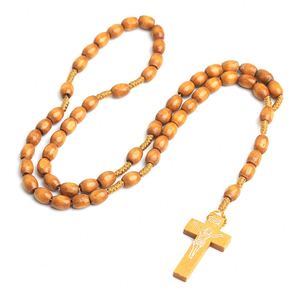 Rosario Católico, Cuentas de Madera Ovaladas Elípticas, Cruz de Oración, Joyería Religiosa, Regalos de Pascua, Venta al Por Mayor - Product Image 5