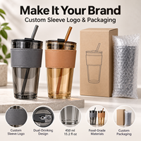 Gobelet en verre de 450 ml avec paille et couvercle, tasse à boire réutilisable avec manchon de protection, logo personnalisé