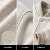 Blouson universitaire personnalisé en pure laine pour homme, en melton ton sur ton, minimaliste, avec boutons-pression, col, poignets et ourlet côtelés, manteau Letterman haut de gamme