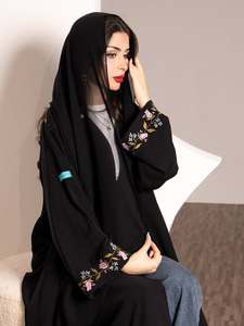 <span class=keywords><strong>Abaya</strong></span> en <span class=keywords><strong>lin</strong></span> noir brodée de fleurs, ouverte sur le devant, douce, pour femmes musulmanes, tenue modeste quotidienne - Product Image 4