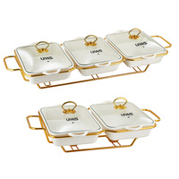 Neues Luxus Gold-Eisenrahmen Chafing Dish, Speisenwärmer für Restaurants, Chafing Dish mit Keramiktopf und Alkoholheizung
