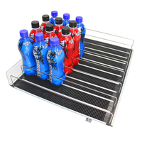 Système d'étagères à rouleaux à alimentation par gravité, refroidisseur de boissons à affichage frontal automatique avec poussoir réglable pour les boissons en bouteille dans les supermarchés