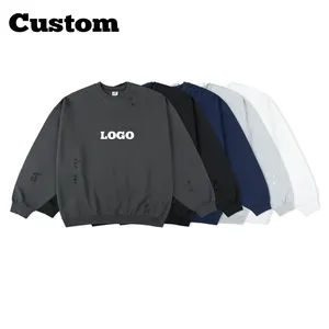 LOGO kustom Streetwear ular cetak robek Sweatshirt katun Vintage Distressed Hoodie pria Sweatshirt besar