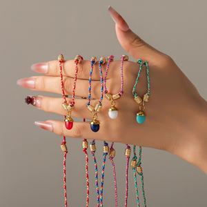 Mecylife Fashion Sieraden Rvs Ketting Half Natuursteen Eikel Dennenhout Hanger Geknoopte Ketting - Product Image 2