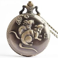 Bronce antiguo 12 Reloj de bolsillo del zodiaco chino Retro Tridimensional Animal Grabado Cuarzo antiguo con correa de reloj