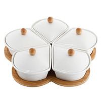 Vaisselle 5 bols à condiments noix à tremper ensemble de relish en bois plats de service divisés en céramique blanche avec couvercles et plateau en bambou