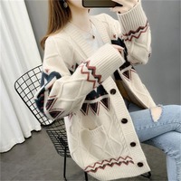 Cardigan en tricot pour femme, style décontracté, jacquard motif ours, color block, manteau pull ouvert sur le devant, automne hiver
