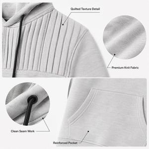 Men Heather Gray Textured Ribbed <b>Hoodie</b> with <b>Quilted</b> Shoulders and Kangaroo Pocket Modern Relaxed Fit Streetwear Sweatshirt - Product Image 3