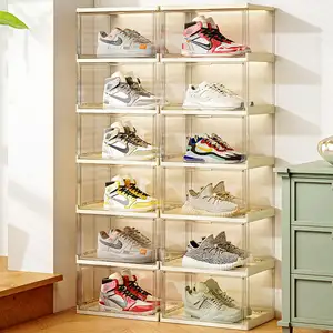 Folding Display Stackable Cabinet Transparent Clear Plastic Acrylic Foldable Organizer Storage Shoes Box For Shoes