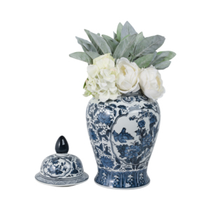 Vaso in ceramica con coperchio, design floreale blu e bianco, urna decorativa per soggiorno o camera da letto - Product Image 2