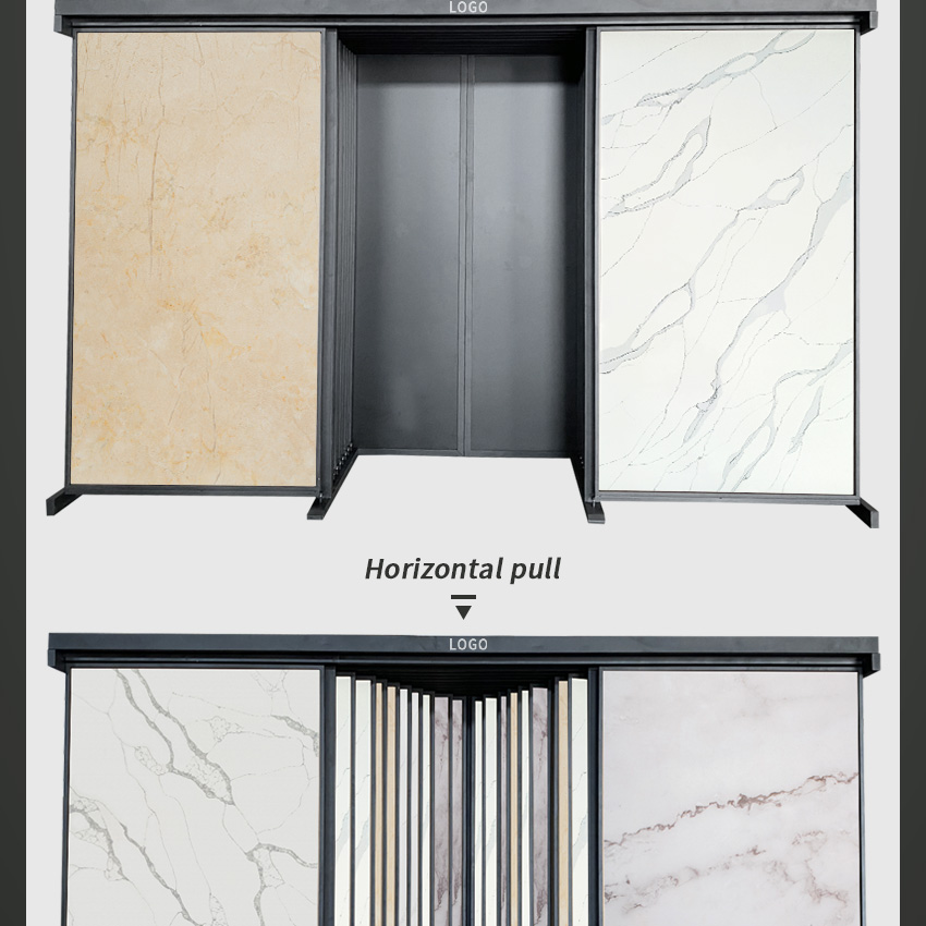 Hot Sale Showroom Hanging Sliding Type Factory Wood Exhibition Marble Sample Push Pull Out Tile Rack Stone Display Stand
