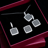 Ensemble de bijoux carrés en argent sterling 925 avec moissanite noire pour femme - Collier, boucles d'oreilles et bague plaqués rhodium - Vente en gros
