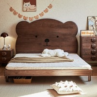 Lit simple pour enfants en bois massif de noyer noir et cerisier américain, avec tête de lit en forme d'ours de dessin animé, design gain de place pour chambre d'enfant confortable pour garçons et filles