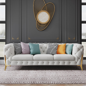 Hotel Lobby Chesterfield <b>Sofa</b> Beige Velvet 3-Seater Button Tufted Couch <b>Gold</b> Metal Legs Commercial Living Room Furniture - Product Image 3