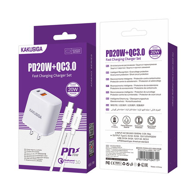 KAKUSIGA High Quality US Cell Phone Charger Set PD20W+QC3.0 US Fast Phone Charger With Type-C to Type-C