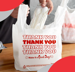 Sacs en plastique biodégradables personnalisés pour supermarché avec poignées T-shirt et impression « Merci » - Product Image 1