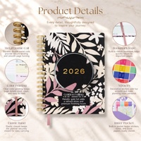 Agenda quotidien personnalisé A5 noir et rose à motifs floraux avec couverture en papier, spirale, dorure à chaud et impression couleur 2026 2027 avec autocollants