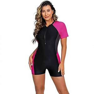 Women Short Sleeve Sports Bodysuit Black Pink Contrast Zip Front <b>Athletic</b> Jumpsuit - Product Image 1