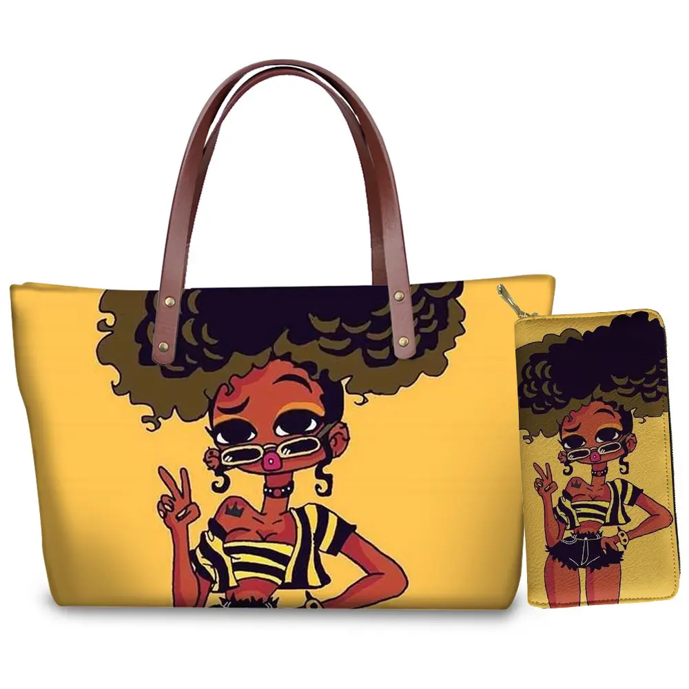 Print on Demand Black Art African Girls Print Handbags Set Large Bags Women Handbags Ladies Luxury Purses And Handbags For Women