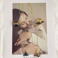 Scarabée et abeille ensemble de bijoux CZ plaqué or laiton insecte réglable anneau et pendentif collier ensemble de vente en gros