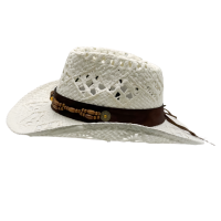 Chapeau de cowboy blanc imitation paille en gros |   Chapeaux de festival Panama personnalisés en cuir ajouré et perles de bois pour adultes, idéaux pour la plage et le soleil