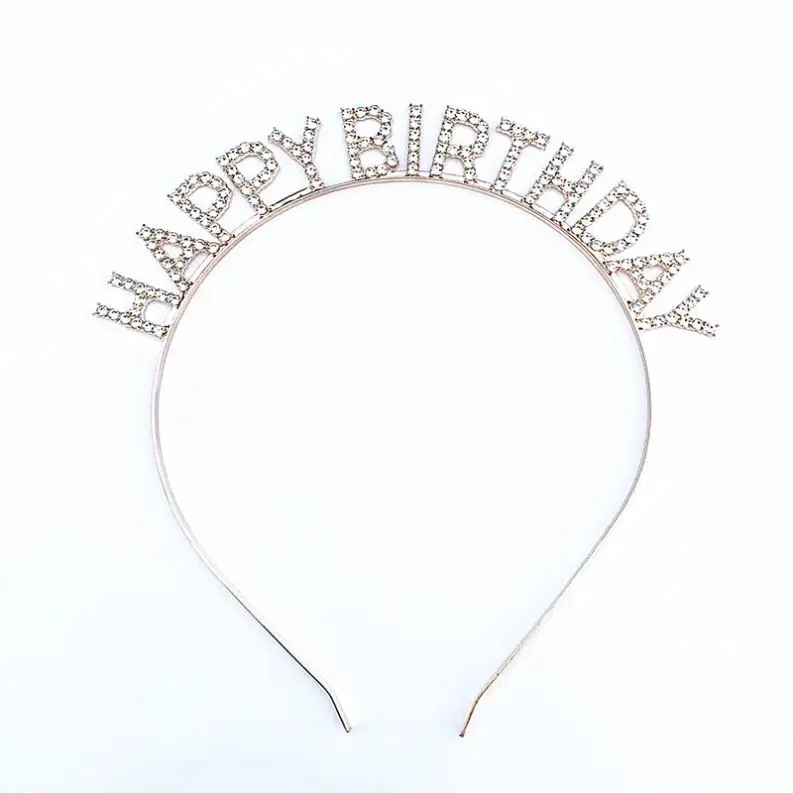 Happy Birthday rambut Hoop pesta gadis aksesoris rambut Bejeweled Metal Headband Rhinestones untuk wanita anak perempuan