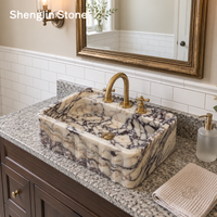 Lavabo rectangulaire en marbre Calacatta Viola personnalisé, à poser au mur, avec rainures, pour salle de bain de luxe