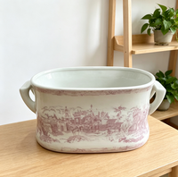Bac en céramique ovale rose style campagne française avec deux poignées, motif Toile de Jouy vintage, en porcelaine, pour table ou comme pot décoratif