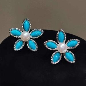 New Spring/Summer Trendy <strong>Stud</strong> <strong>Earrings</strong> Fresh <strong>Blue</strong> Turquoise Freshwater Pearl Platinum Plated Small Flower Design for Women's - Product Image 1