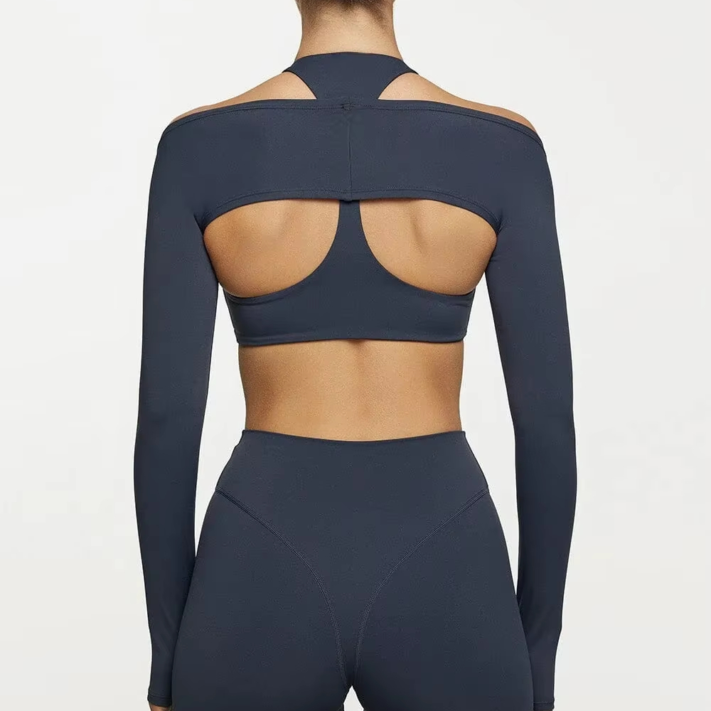 Yoga Top Four-Way Stretch Custom Solid Color Women's Yoga Sports Cam Shoulder Nylon Long Sleeve Running Fitness Sportswear