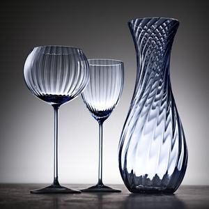 Verre à vin à pied court, verre à eau à pied, texture ondulée, rayures verticales nervurées, couleur bleu océan - Product Image 5