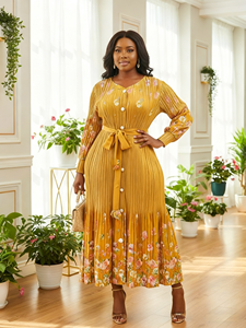 Ingrosso nuovo stile Miyake di alta qualità abiti da donna con stampa floreale con cintura elegante manica lunga abiti Casual da donna - Product Image 5