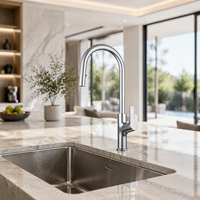 Robinet de cuisine contemporain chromé à poignée unique, monotrou, à monter sur plan, avec douchette extractible, cartouche céramique en zinc