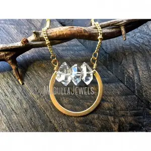 NM40229 Dainty Crystal Necklace Gold Horse Shoe Necklace Raw Herkimer Diamond Rough Cut Diamond Clear Quartz Necklace