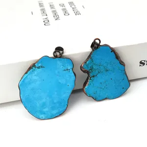 Wholesale Price Blue Howlite Turquoise Slice Irregular Pendant Antique Bronze Edge Gemstone Pendant Hip Hop Turquoise Jewelry