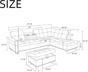 <strong>Gray</strong> L-Shaped Reversible Modular <strong>Sofa</strong> <strong>Bed</strong> Sponge Nail-Head Design Ottoman Storage Modern Villa Living Room Bedroom Apartment Use - Product Image 3