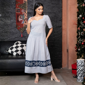 Vestido Maxi de Alta Calidad, Color Blanco Hueso y Azul, con Bordado en Contraste, Casual para Mujer - Product Image 5