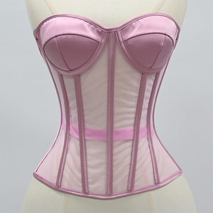 Haut bustier corset en satin sans bretelles, transparent en résille, à baleines, sculptant la silhouette sablier, pour mariée et soirée - Product Image 5