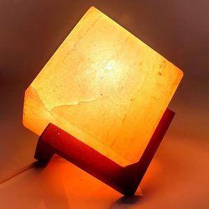 Pink Himalayan Salt Lamp Carved <b>Cube</b> Shape 3-4 kg Warm <b>Light</b> Geometric Wooden Base 15W Pakistan Made Yoga Lighting Accessory - Product Image 1