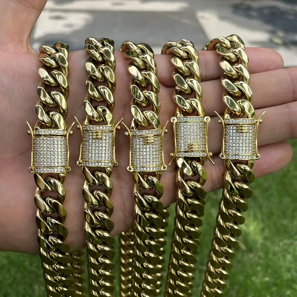14mm 24inch Thickness Factory Price 14K PVD Gold Cuban Link Chain, Stainless Steel Cuban Link Chain