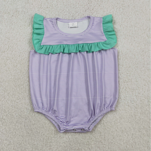 Ensemble assorti pour sœurs : Robe sans manches à rayures violettes longueur genou et barboteuse à volants pour bébés filles - Product Image 2