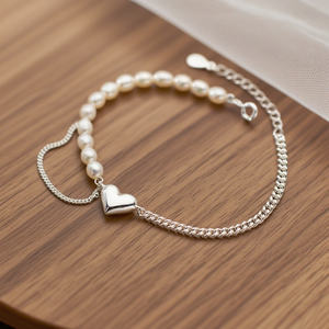 Elegant Women's 925 Sterling Silver Natural Pearl Bracelet Heart Pendant Double Chain Design for Parties Weddings Gifts 14K Gold - Product Image 4