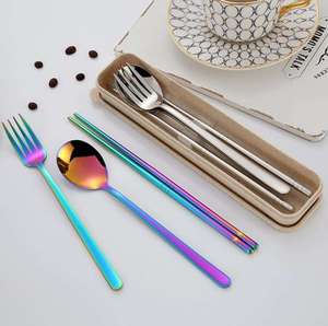 <span class=keywords><strong>Set</strong></span> di posate da campeggio in acciaio inossidabile ecologico in stile coreano, portatile, con cucchiaio, forchetta, bacchette e custodia. - Product Image 3