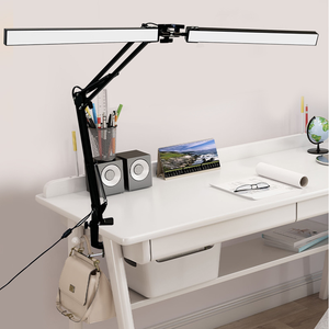 Lámpara de escritorio con brazo oscilante <span class=keywords><strong>LED</strong></span> para el cuidado de los ojos, lámpara de tarea de arquitecto de doble cabeza, lámpara de mesa flexible de doble brazo con abrazadera - Product Image 1